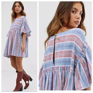 Free People Dress Womens Small Summer Night Striped Pockets Babydoll Mini Boho